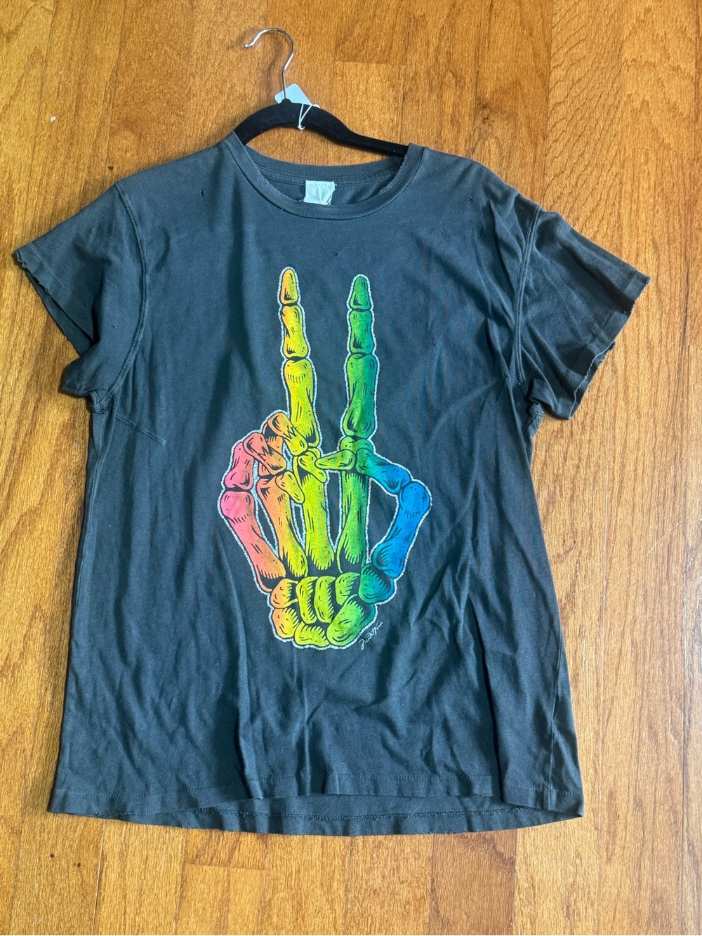 MadeWorn Black Tee with Rainbow Skeletal Peace Hand Graphic